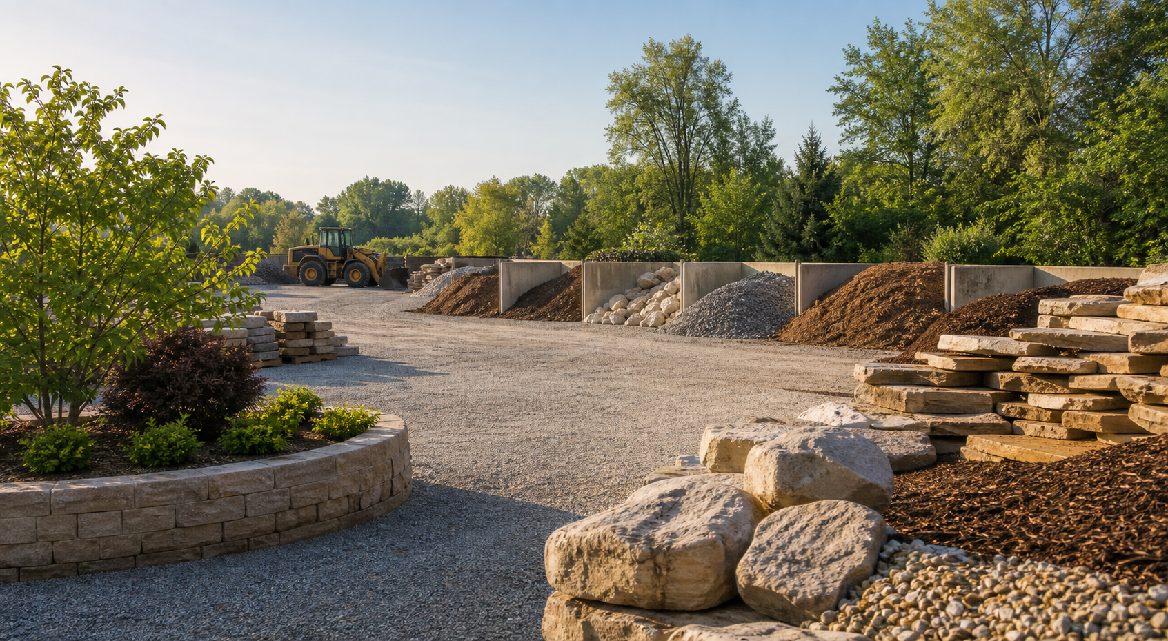 An organized landscape supply yard with stone, mulch, and natural materials